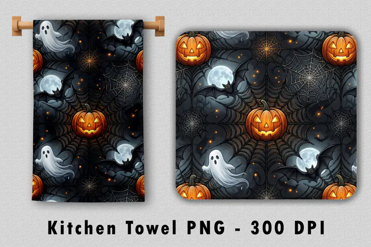 Halloween Ghost Pumpkin Kitchen Towel Sublimation PNG 300 DP