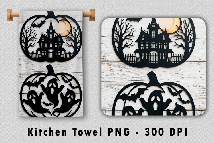 Halloween Kitchen Towel PNG Pumpkin Silhouette Sublimation example image 1