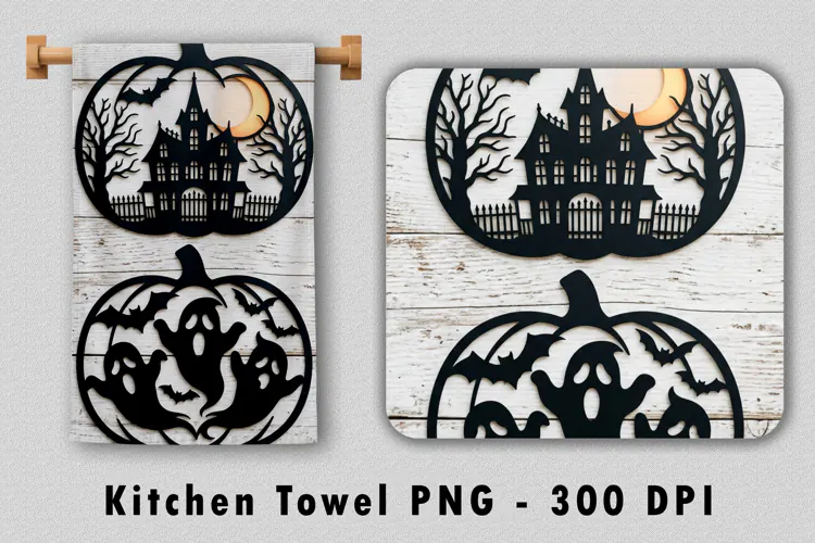 Halloween Kitchen Towel PNG Pumpkin Silhouette Sublimation