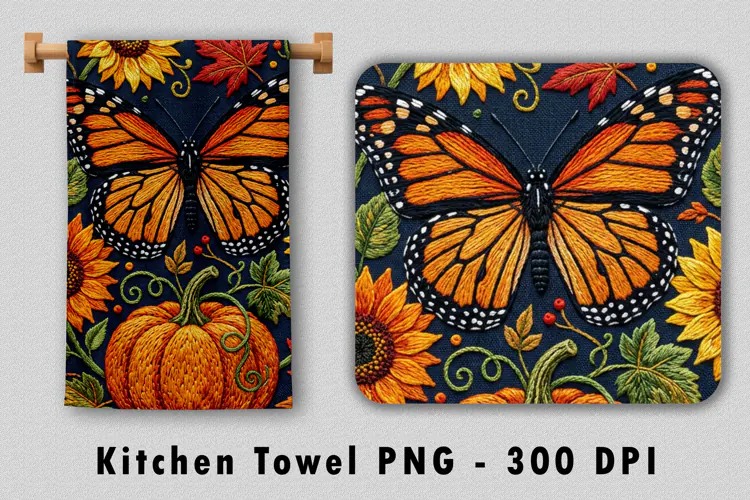Monarch Butterfly Pumpkin Kitchen Towel PNG