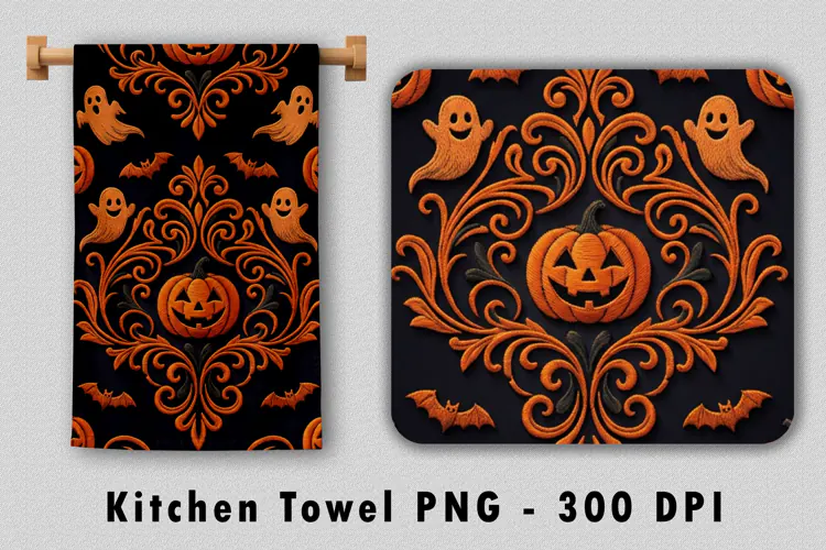 Spooky Damask Pumpkin Kitchen Towel PNG