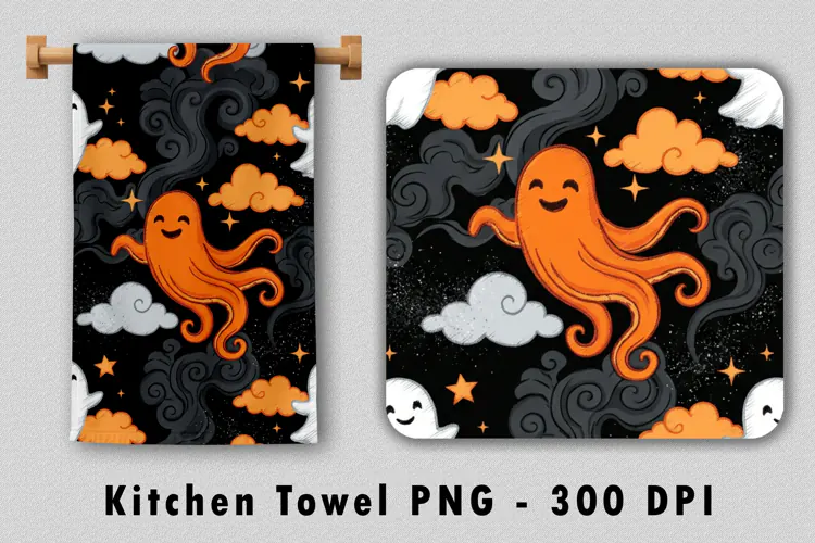 Cute Orange Ghost Cloud Kitchen Towel PNG