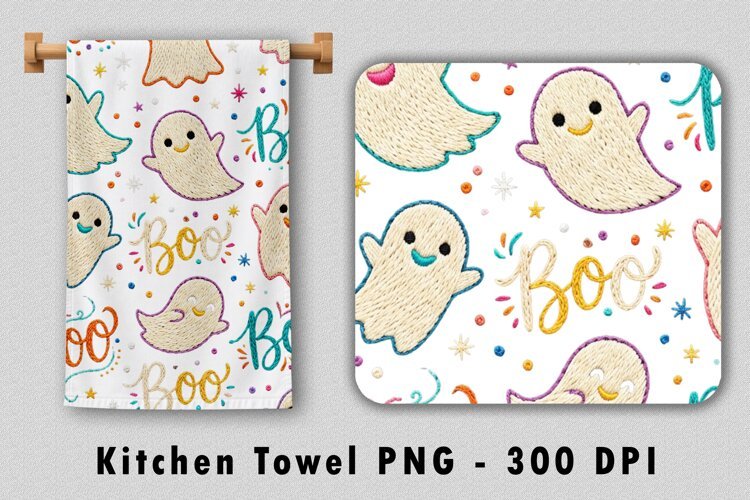 Embroidered Ghost Kitchen Towel PNG Halloween Sublimation example image 1