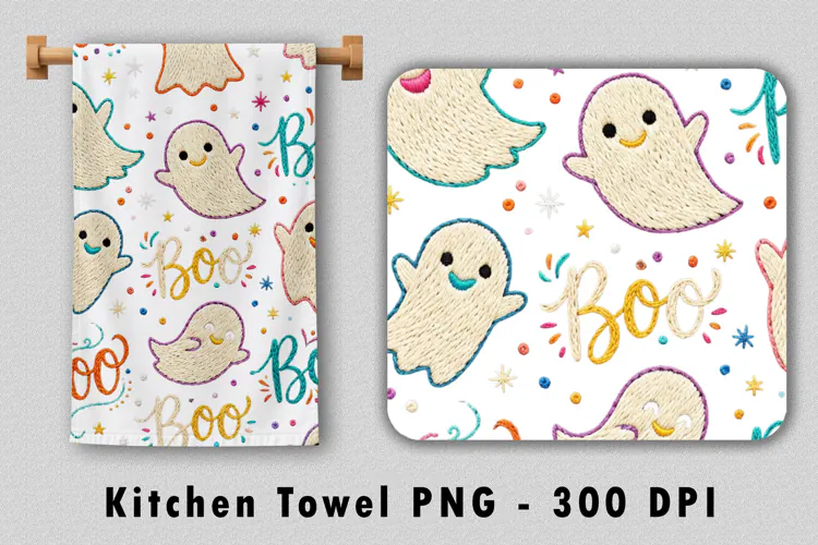Embroidered Ghost Kitchen Towel PNG Halloween Sublimation