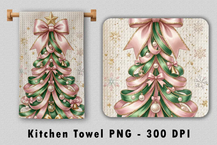 Pink Christmas Tree Kitchen Towel Sublimation PNG 300 DPI