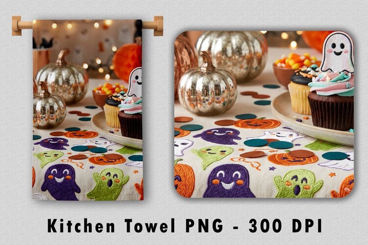 Halloween Kitchen Towel PNG Cupcake Ghost Sublimation Design example image 1