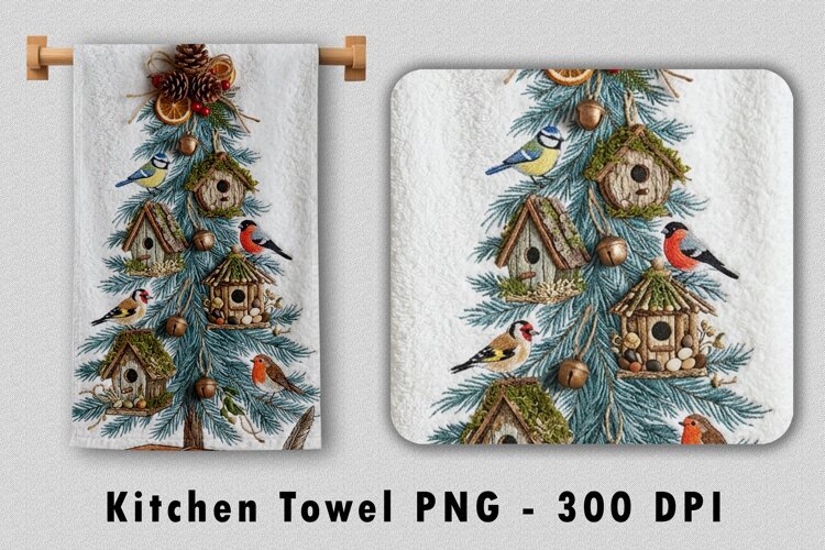 Christmas Tree Birdhouse Kitchen Towel Sublimation PNG example image 1
