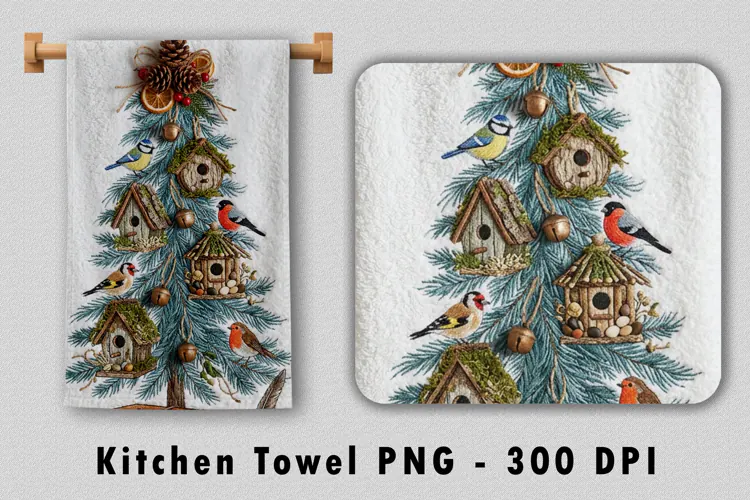 Christmas Tree Birdhouse Kitchen Towel Sublimation PNG