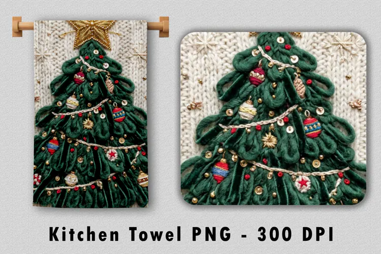 Embroidered Christmas Tree Kitchen Towel PNG Sublimation