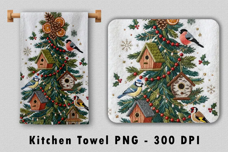 Christmas Birdhouse Towel Sublimation PNG 300 DPI