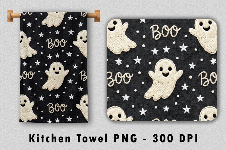 Embroidered Ghost Kitchen Towel PNG Halloween Sublimation example image 1