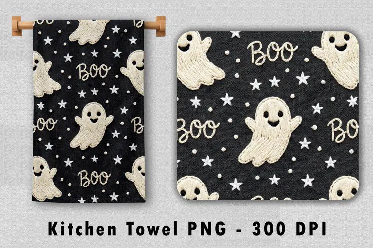 Embroidered Ghost Kitchen Towel PNG Halloween Sublimation