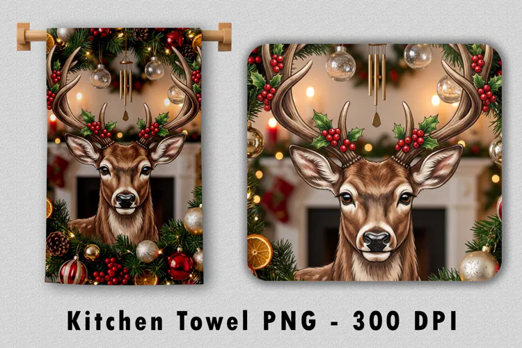 Christmas Reindeer Kitchen Towel PNG Sublimation Design