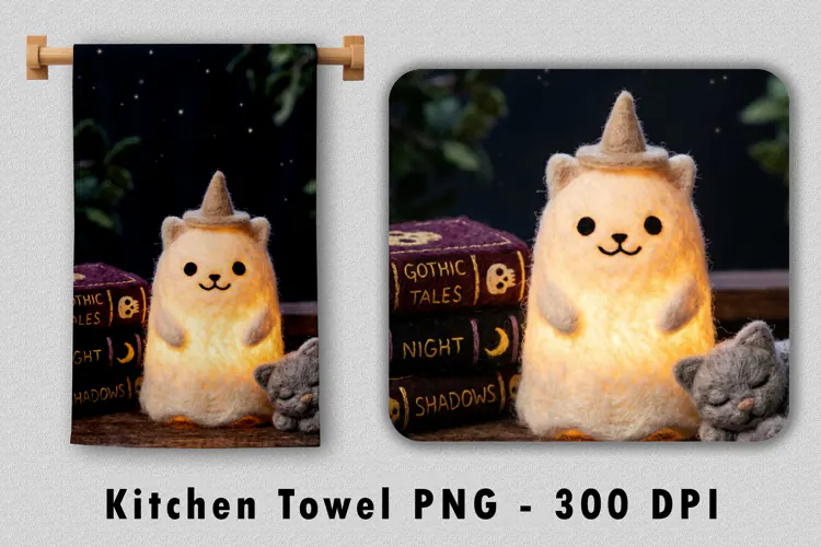 Felted Cat Kitchen Towel PNG Glowing Witch Sublimation