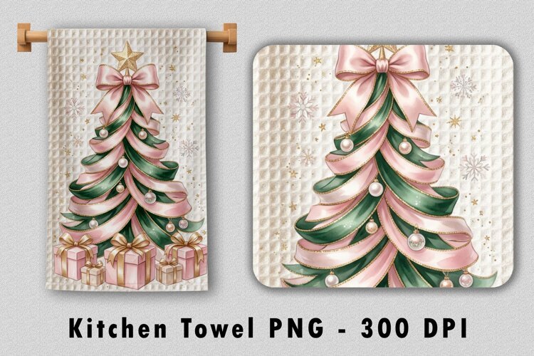 Pink Christmas Tree Kitchen Towel Sublimation PNG 300 DPI example image 1