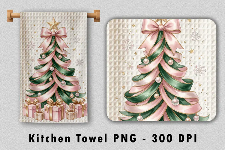 Pink Christmas Tree Kitchen Towel Sublimation PNG 300 DPI