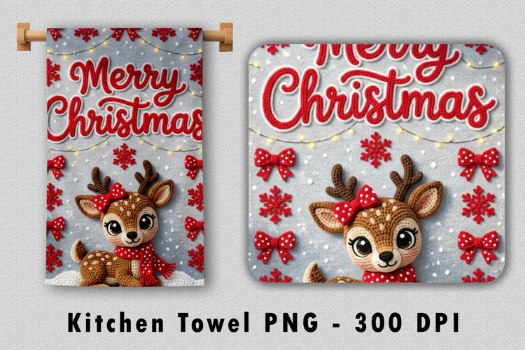 Crochet Deer Kitchen Towel PNG Merry Christmas Sublimation