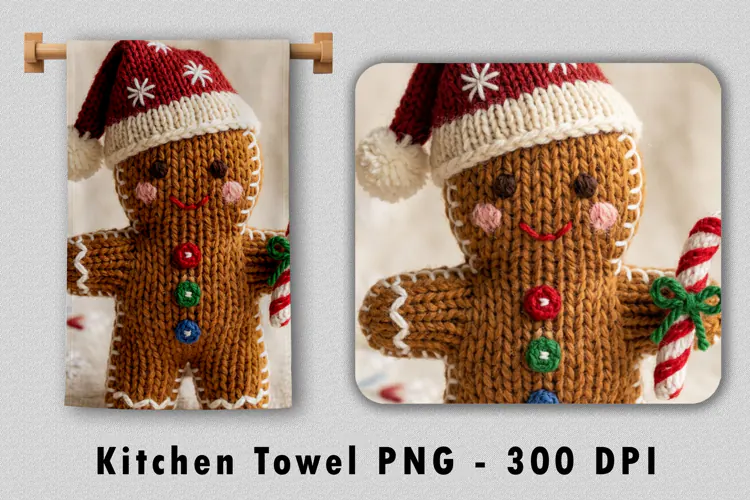 Knitted Gingerbread Kitchen Towel Sublimation PNG 300 DPI