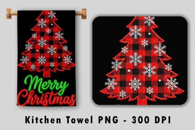 Merry Christmas Kitchen Towel PNG Buffalo Plaid Sublimation example image 1