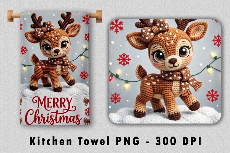 Crochet Reindeer Kitchen Towel PNG Christmas Sublimation example image 1