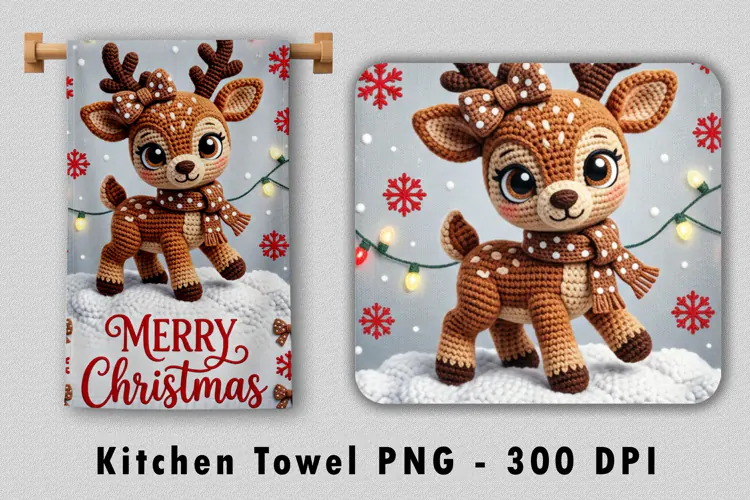 Crochet Reindeer Kitchen Towel PNG Christmas Sublimation