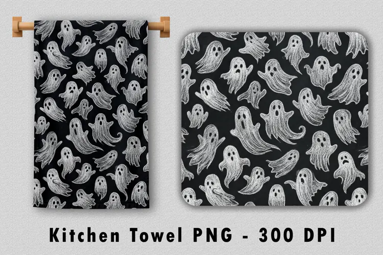 Spooky Chalkboard Ghost Kitchen Towel PNG