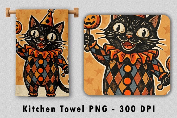 Vintage Jester Black Cat Kitchen Towel PNG Sublimation example image 1