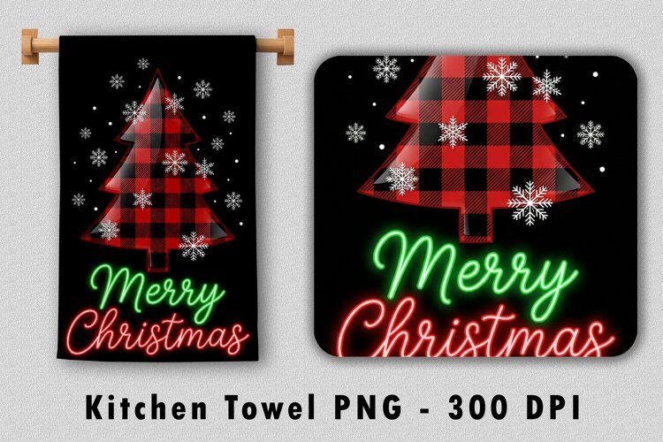 Merry Christmas Kitchen Towel PNG Buffalo Plaid Sublimation example image 1
