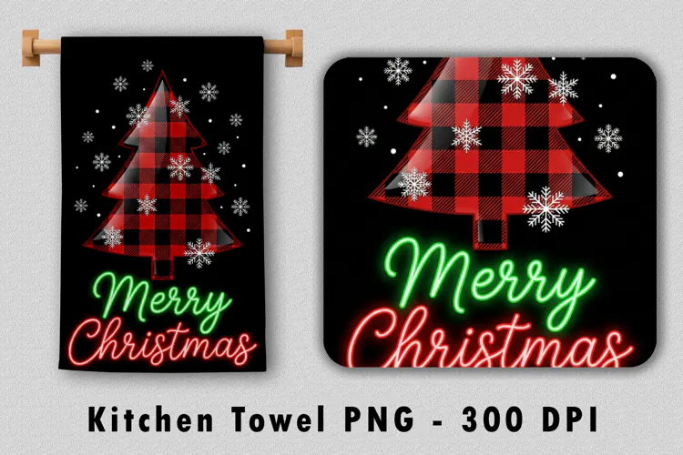 Merry Christmas Kitchen Towel PNG Buffalo Plaid Sublimation