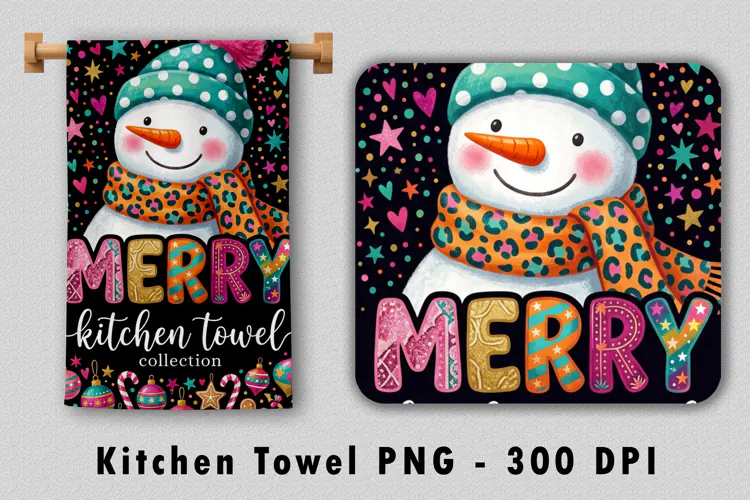 Merry Christmas Snowman Kitchen Towel PNG Sublimation Art