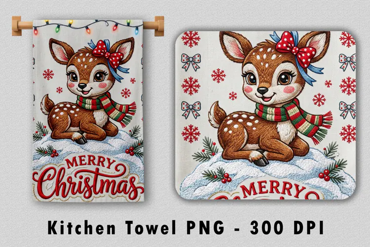 Embroidered Christmas Deer Kitchen Towel PNG Sublimation