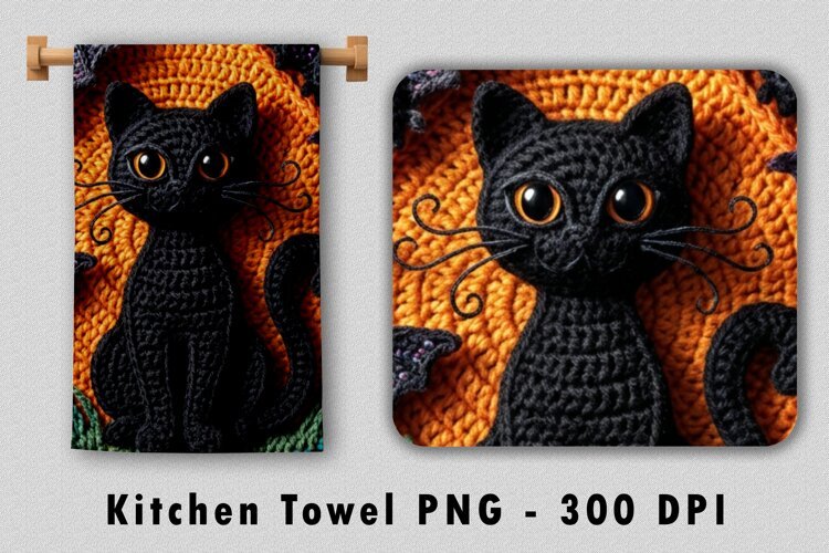Crochet Black Cat Kitchen Towel PNG Halloween Sublimation example image 1