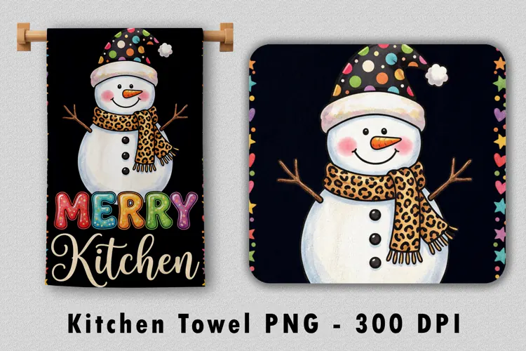 Merry Kitchen Snowman Kitchen Towel PNG Sublimation Design