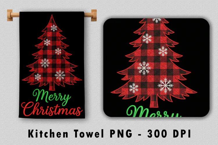 Buffalo Plaid Christmas Tree Kitchen Towel PNG Sublimation