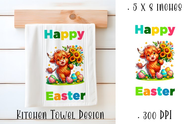 Happy Easter Highland Cow Kitchen Towel Sublimation Design