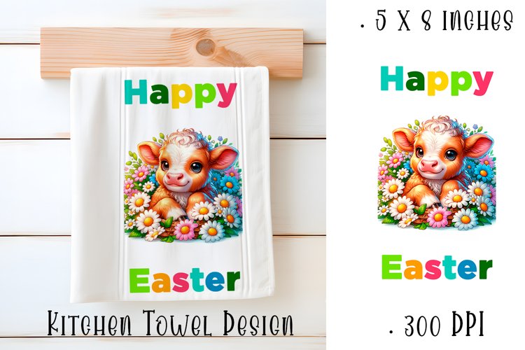 Happy Easter Highland Cow Kitchen Towel Sublimation Design