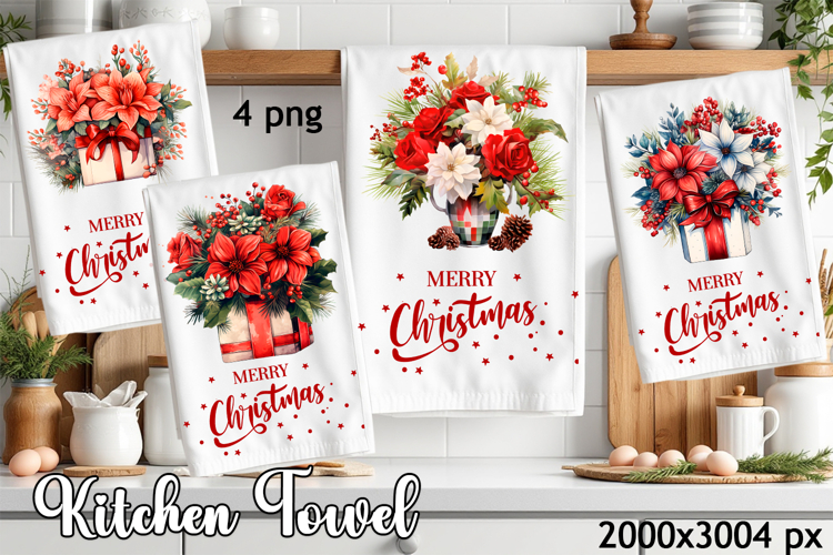 Vintage Christmas flowers, berry PNG| Kitchen Dish Towel
