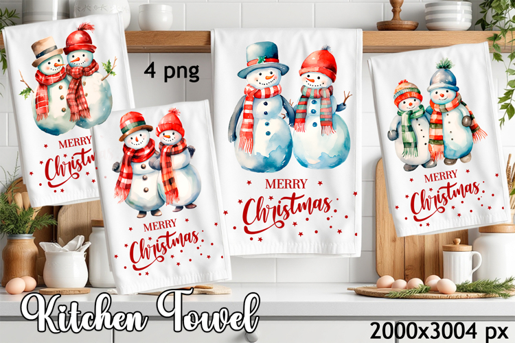 Christmas Kitchen Dish Towel PNG. Snowman Sublimation