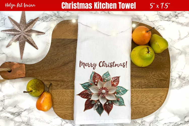 Christmas Kitchen Towel Sublimation | 3d poinsettia