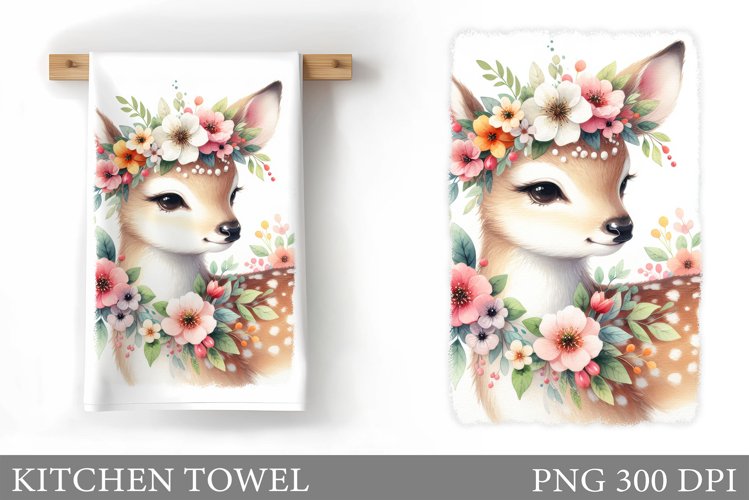 Cute Deer Kitchen Towel. Deer Flowers Kitchen Towel Design