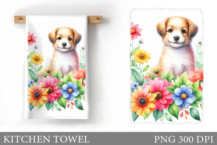 Cute Dog Kitchen Towel. Dog Flowers Kitchen Towel example image 1