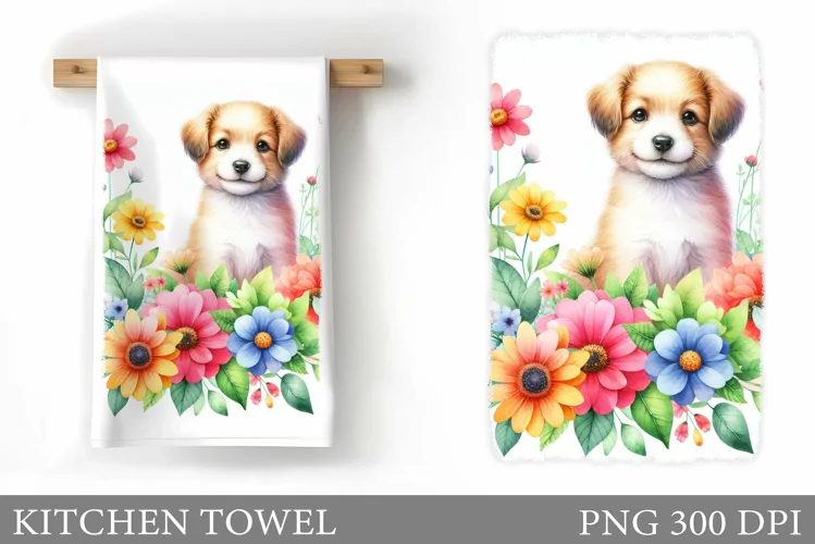 Cute Dog Kitchen Towel. Dog Flowers Kitchen Towel