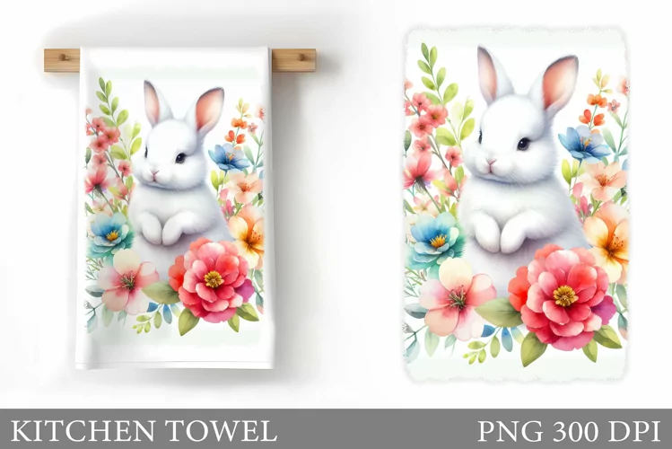 Cute Bunny Kitchen Towel. Bunny Flowers Kitchen Towel Design