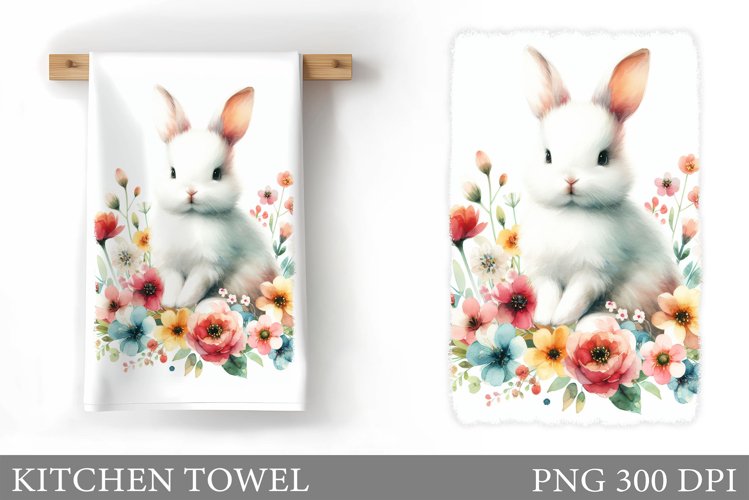 Cute Bunny Kitchen Towel. Flowers Kitchen Towel Sublimation example image 1