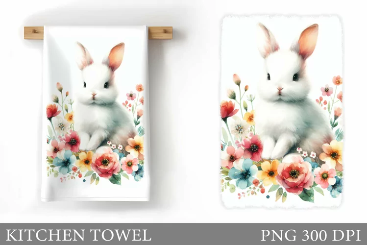 Cute Bunny Kitchen Towel. Flowers Kitchen Towel Sublimation