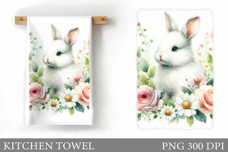 Cute Bunny Kitchen Towel. Bunny Flowers Kitchen Towel Design