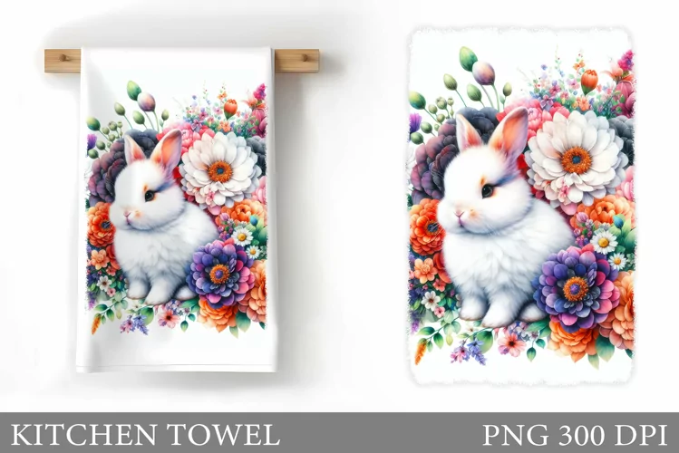 Cute Bunny Kitchen Towel. Bunny Flowers Kitchen Towel Design