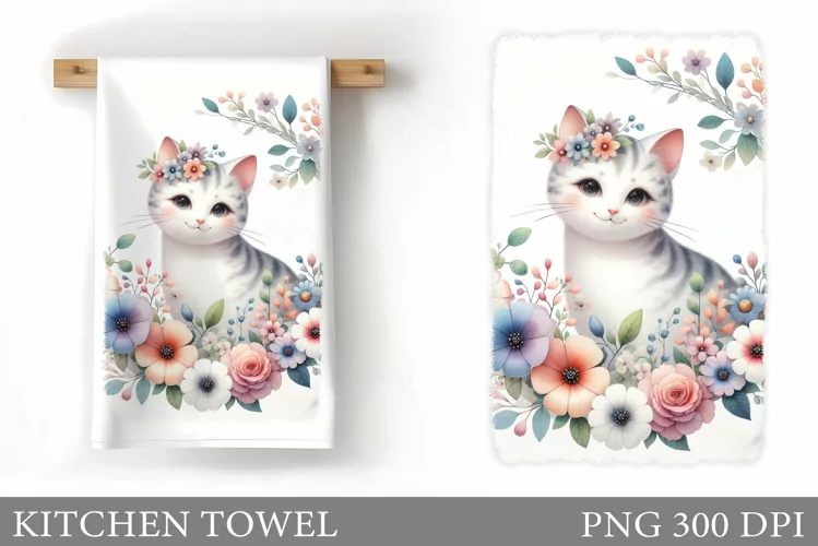 Cute Cat Kitchen Towel. Cat Flowers Kitchen Towel Design