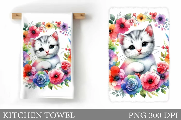 Cute Cat Kitchen Towel. Cat Flowers Kitchen Towel Design