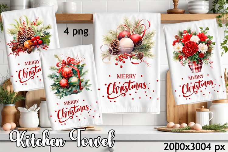 Vintage Christmas flowers, berry PNG| Kitchen Dish Towel
